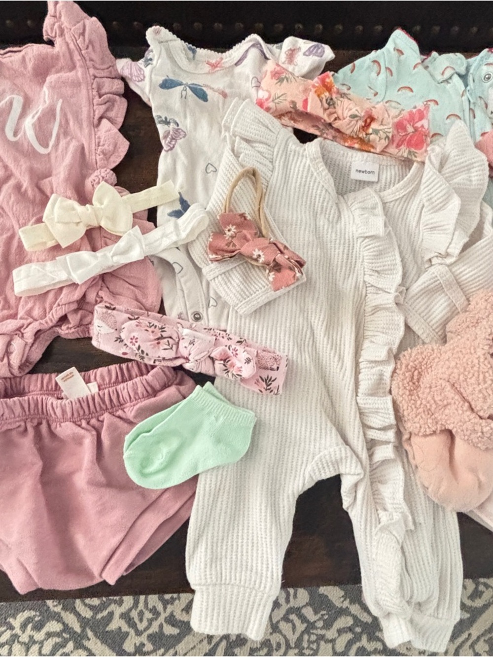 Newborn Baby Bundle Romper with Pink and Floral Accessories